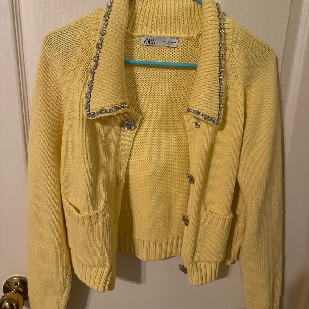 Zara Light Yellow Knit Cardigan with Crystal Trim